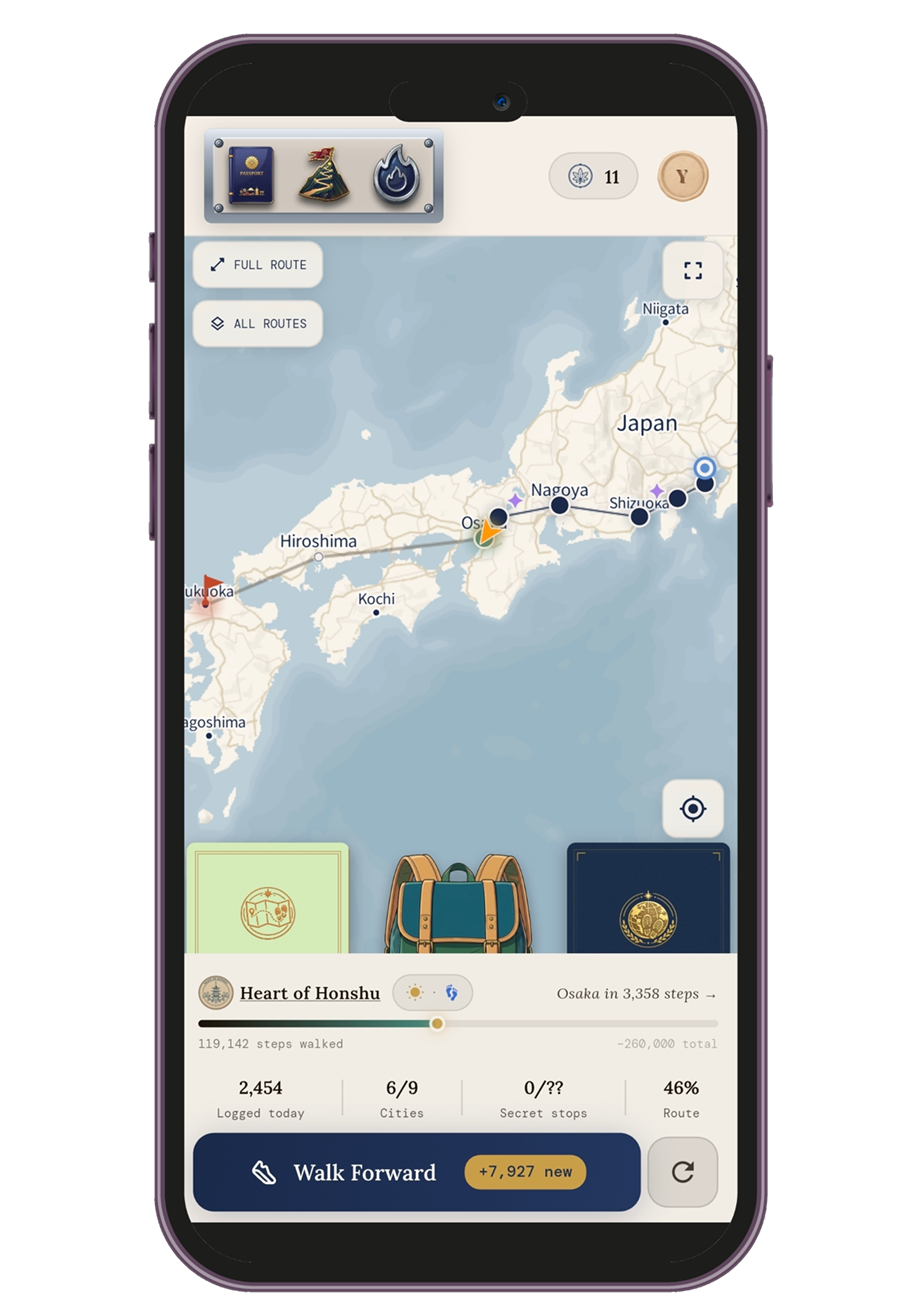 Postmarks home screen showing progress along a route